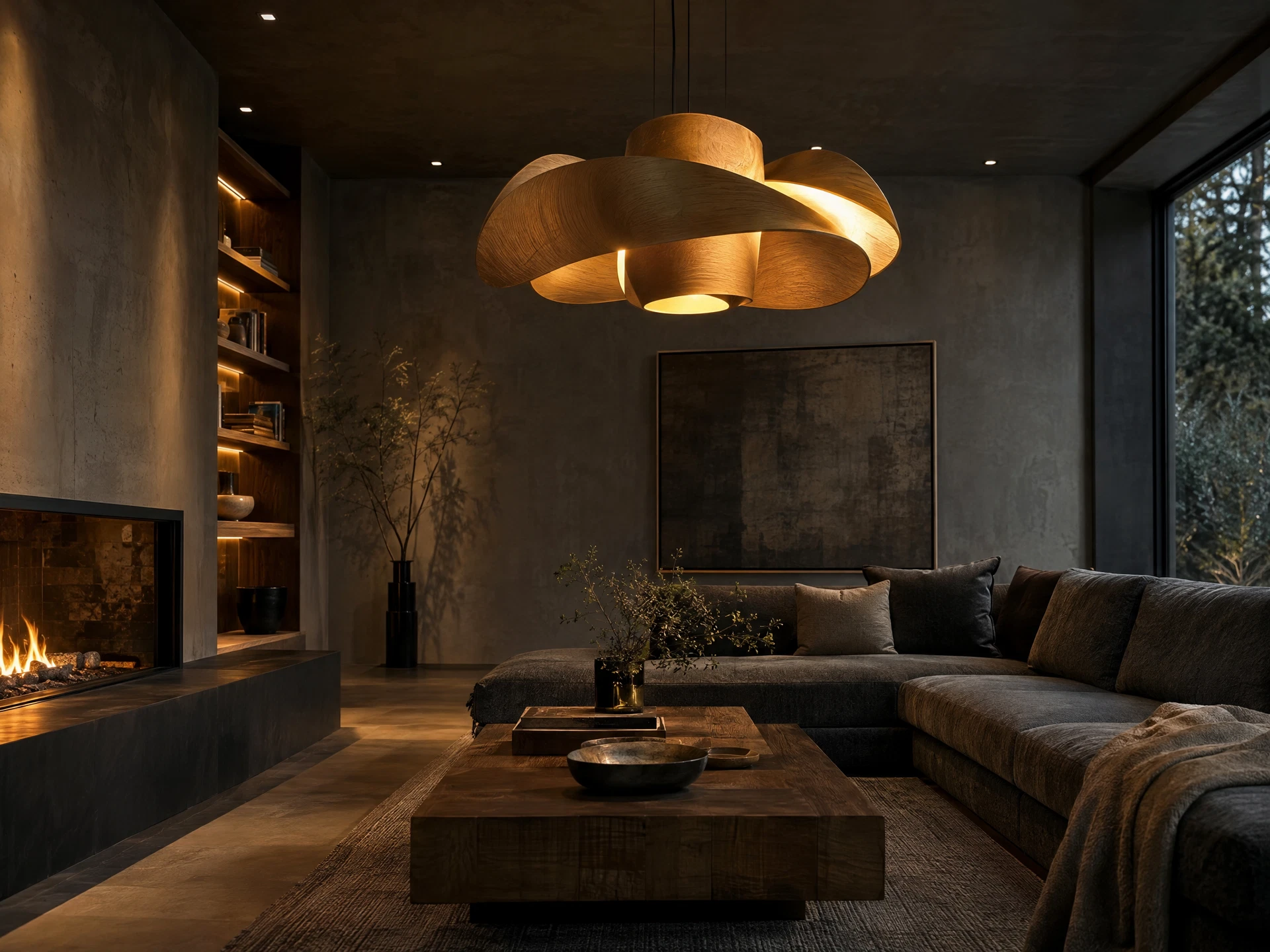 Warm pendant and recessed lights installed in a modern living room