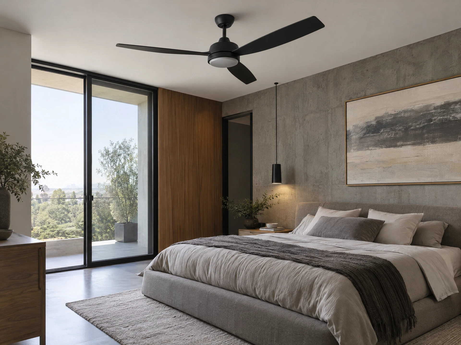 Matte-black ceiling fan installed in a calm modern bedroom