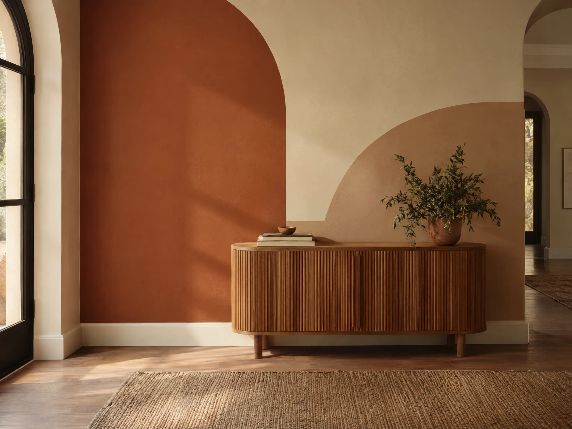 Freshly painted terracotta and cream color-blocked residential wall